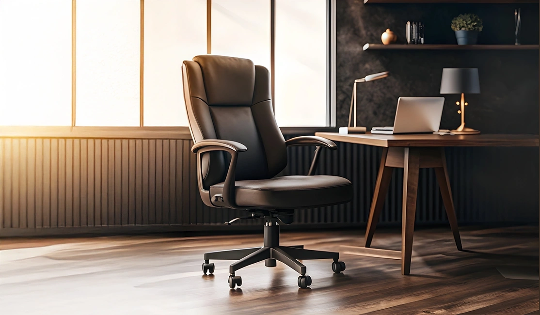 Ambiente de escritório com mesa de madeira, cadeira e iluminação natural